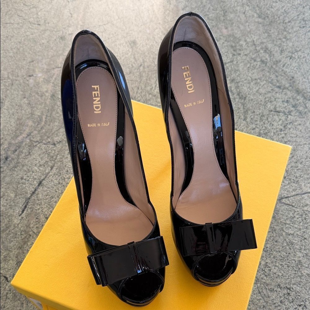 Fendi Glossy Black Peep Toe Heels View 3